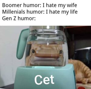 Image comparing generational humor, ending with a distorted cat behind glass labeled "Cet" as Gen Z humor.