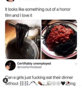 Tweet showing black spaghetti being cooked and served, with a user asking why e-girls can't eat without horror-themed emojis.