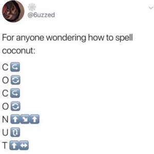 Image showing a tweet that humorously spells "coconut" using the letters C-O-C-O-N-U-T paired with directional arrow emojis.