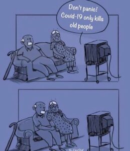 Comic illustration of an elderly couple watching TV; the screen says "Covid-19 only kills old people," prompting a worried reaction from them.