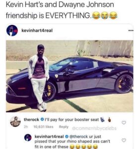 Kevin Hart stands in front of a black Ferrari, with Instagram comments showing The Rock offering to buy him a booster seat and Kevin firing back about The Rock's size.