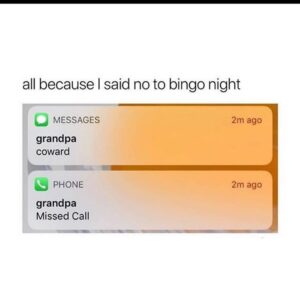 Screenshot of iPhone notifications showing a message from "grandpa" that says "coward" and a missed call, with caption "all because I said no to bingo night".