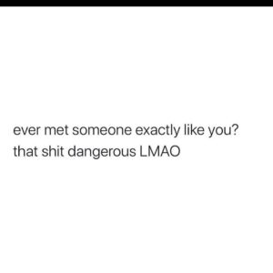 Text-only meme reading “ever met someone exactly like you? that shit dangerous LMAO” on white background.