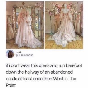 A delicate pink princess-style dress on display in front of mirrors, with a tweet overlay about needing to wear it while running barefoot in an abandoned castle.