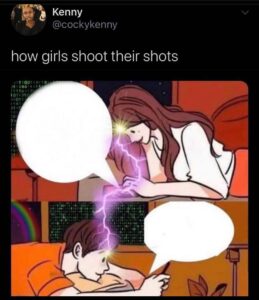 A meme with a tweet saying "how girls shoot their shots" shows a girl and a boy texting, connected by visual lightning and binary code between their brains, representing a dramatic mind-connection during a casual conversation.