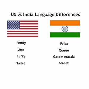 Meme shows US and Indian flags with paired words underneath comparing “Penny” to “Paisa,” “Line” to “Queue,” “Curry” to “Garam masala,” and “Toilet” to “Street.”