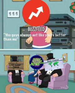 BuzzFeed character says “You guys always act like you’re better than me” to Villager News, Bikini Bottom News, and News Channel characters sitting formally.