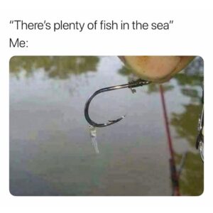 Image of a fishing hook with a tiny, useless piece of bait, under the caption: "There's plenty of fish in the sea" Me: