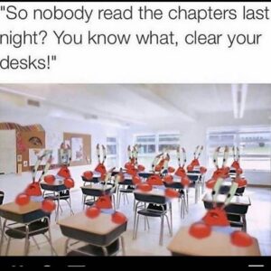A classroom filled with multiple blurry images of Mr. Krabs looking distressed, alongside the caption about a surprise test due to unread chapters.